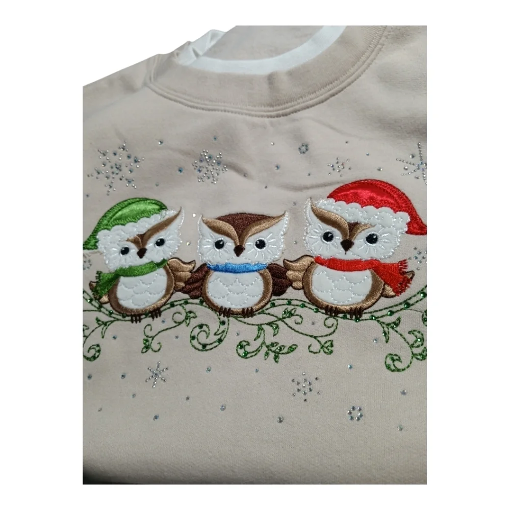 Vintage Morning Sun Embellished Owl Christmas Sweatshirt Embroidered NOS/ NWT XL - Picture 4 of 8